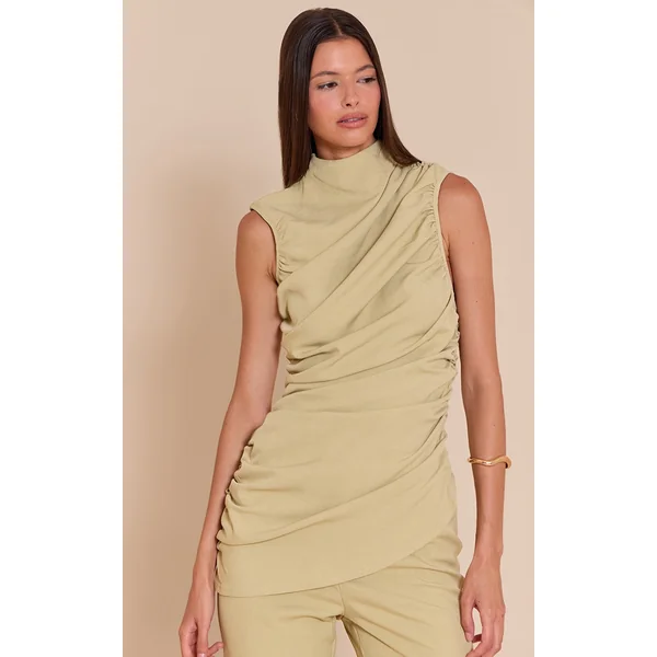 PLT Label Green Tailored Extreme Ruched Asymmetric Top