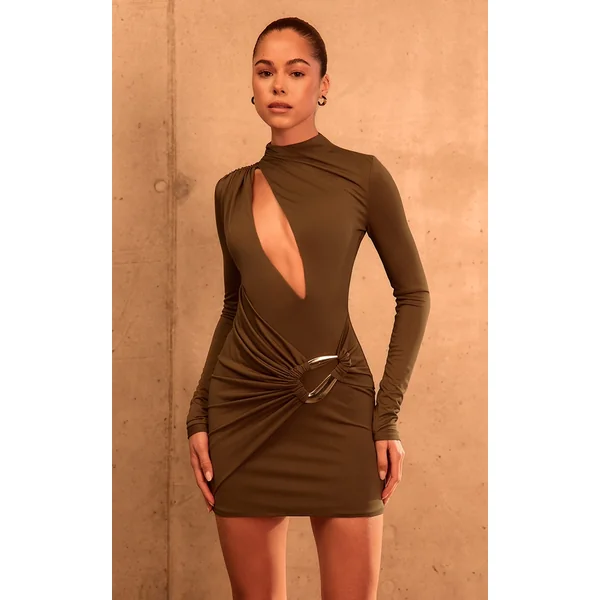 PLT Label Khaki Double Layer Slinky Trim Detail Plunge Bodycon Dress