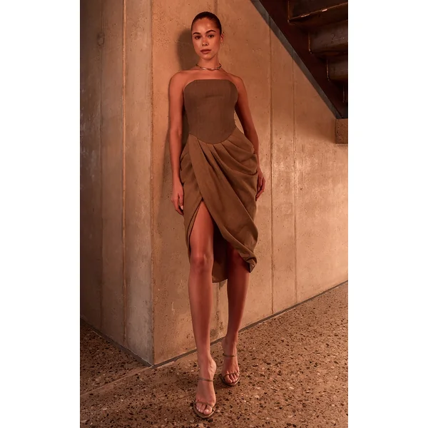 PLT Label Mocha Contrast Strapless Corset Midaxi Dress