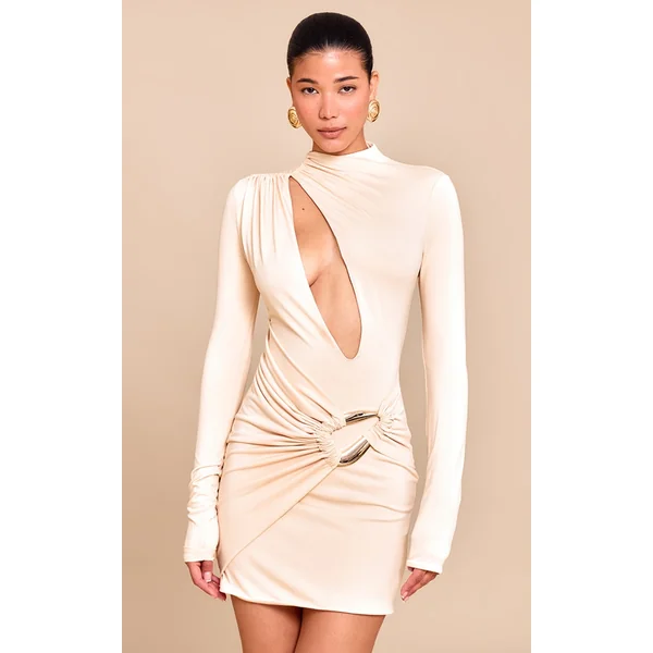 PLT Label Natural Double Layer Slinky Trim Detail Plunge Bodycon Dress