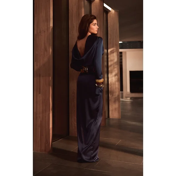 PLT Label Navy Satin Cowl Back Maxi Dress