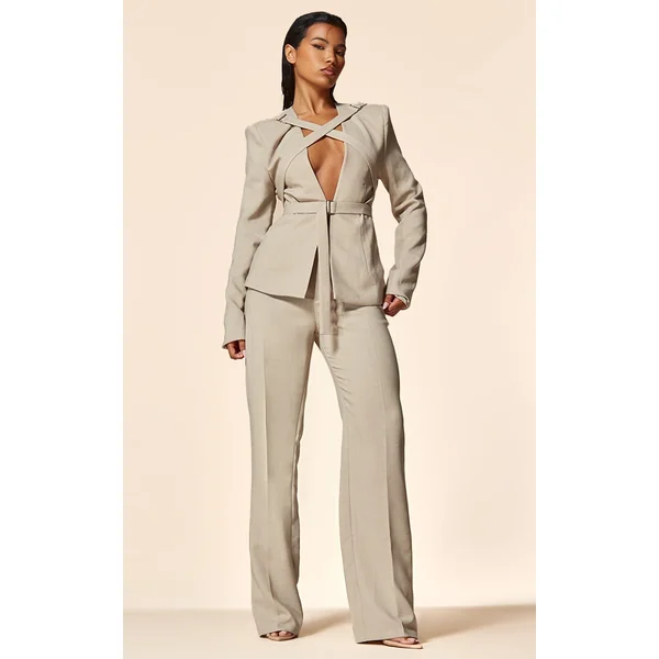 PLT Label Oatmeal Tailored Straight Leg Pants