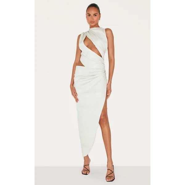 PLT Label Off White Draped Ruched Skirt Midaxi Dress