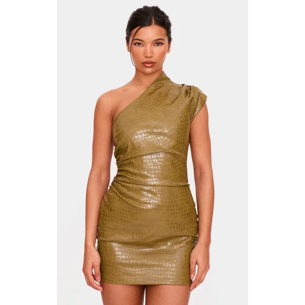 PLT Label Olive Croc Faux Leather Asymmetric Bodycon Dress