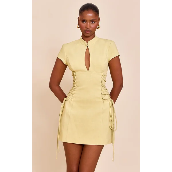 PLT Label Pale Lime Tailored Band Collar Lace Up A-line Dress