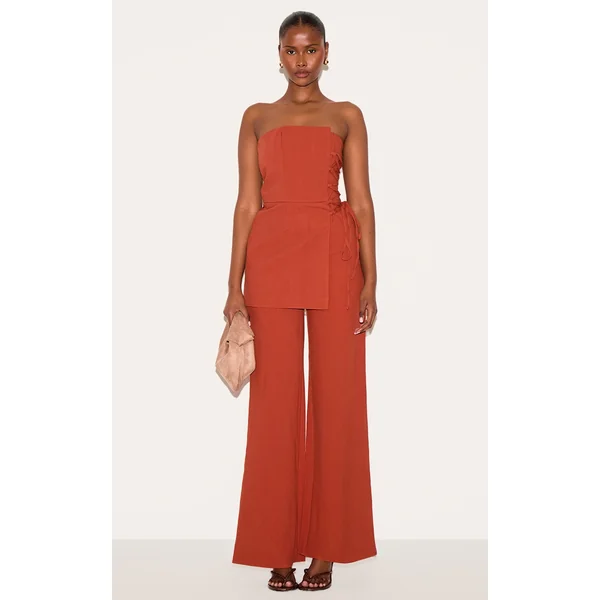 PLT Label Paprika Overlay Panel Lace Up Tailored Jumpsuit