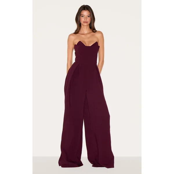 PLT Label Plum Corset Bust Detail Wide Leg Tailored Jumpsuit