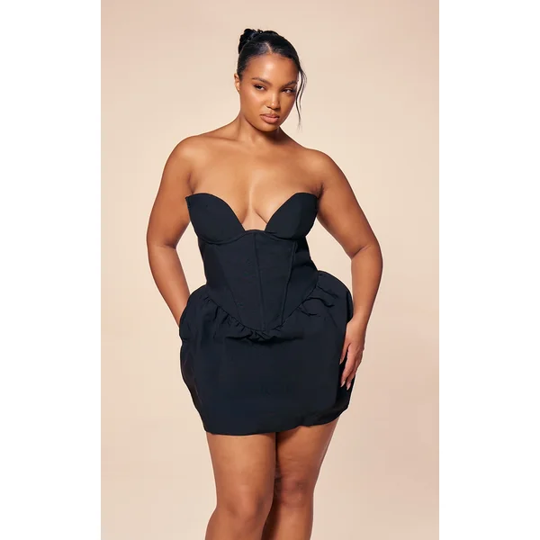 PLT Label Plus Black Bust Detail Corset Puffball Tailored Bodycon Dress