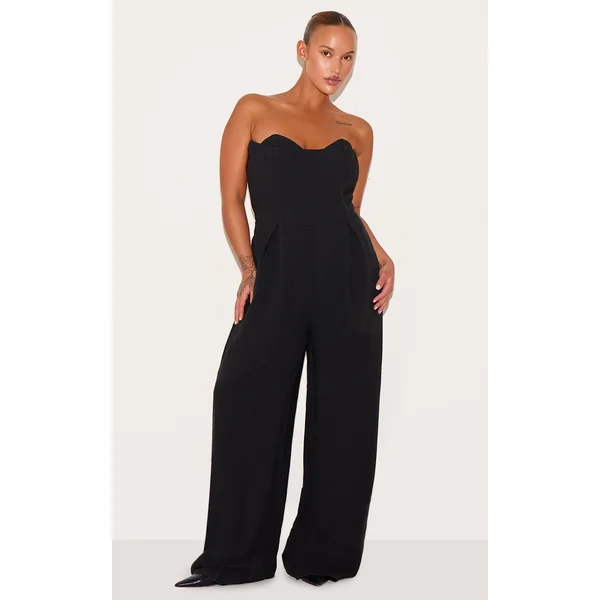 PLT Label Plus Black Corset Bust Detail Wide Leg Tailored Jumpsuit