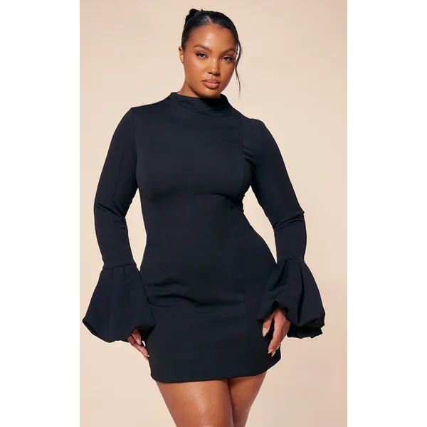 PLT Label Plus Black High Neck Puff Sleeve Bodycon Dress
