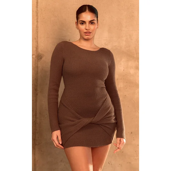 PLT Label Plus Dark Brown Knitted Twisted Long Sleeve Mini Dress