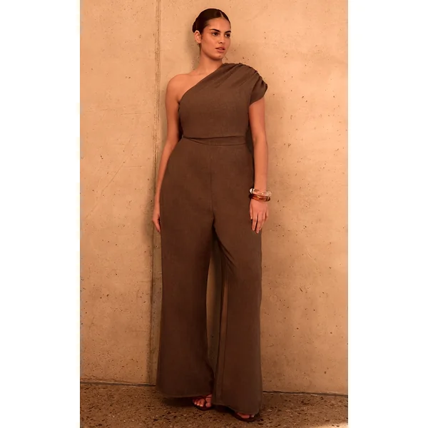 PLT Label Plus Dark Taupe Asymmetric Ruched Wide Leg Jumpsuit