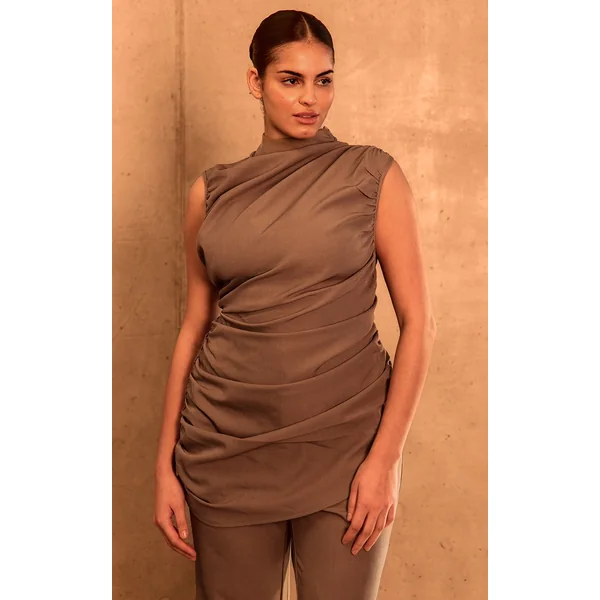 PLT Label Plus Dark Taupe Tailored Ruched Asymmetric Top