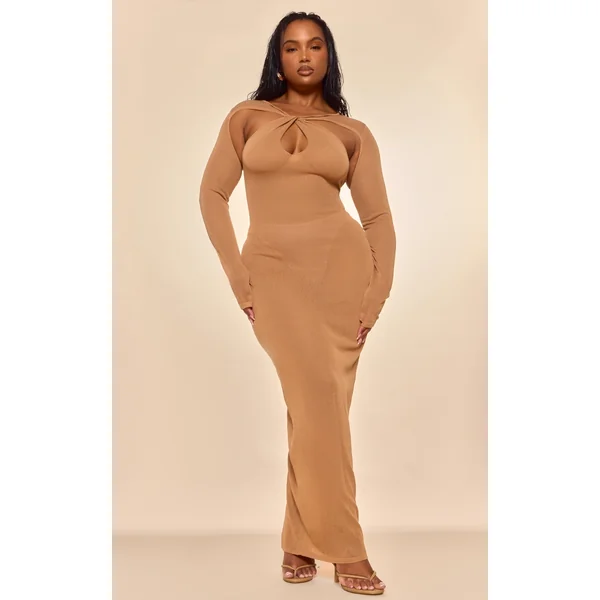 PLT Label Plus Tan Knitted Twist Detail Maxi Dress