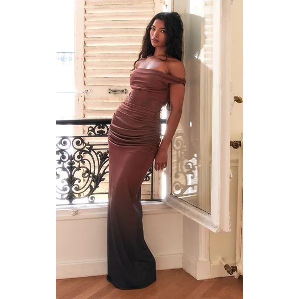 PLT Label Rust Ombre Print Bandage Mesh Bardot Maxi Dress