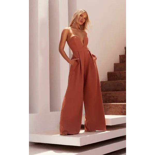 PLT Label Rust Plunge Wide Leg Jumpsuit