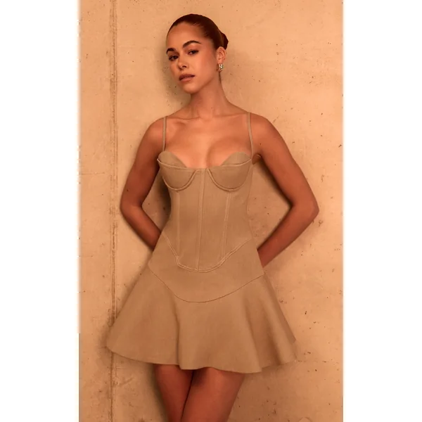 PLT Label Stone Denim Look Tailored Bust Detail Pleated Hem Bodycon Dress