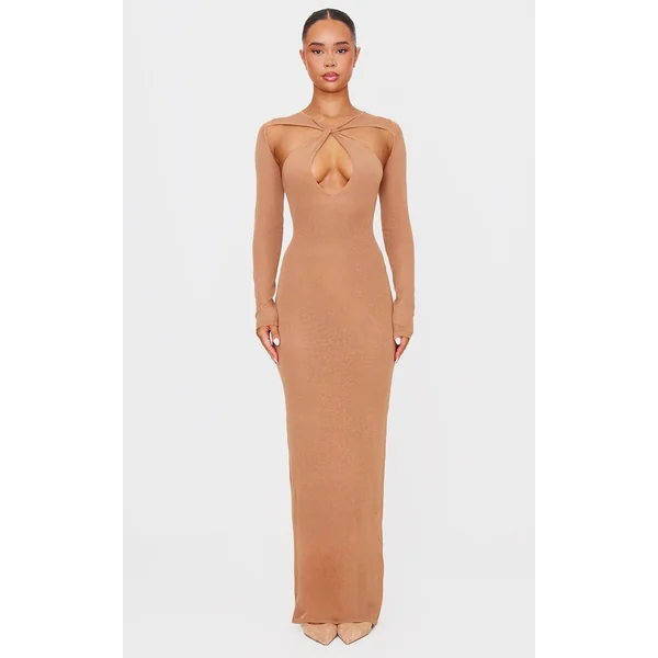 PLT Label Tan Knitted Twist Detail Sheer Maxi Dress