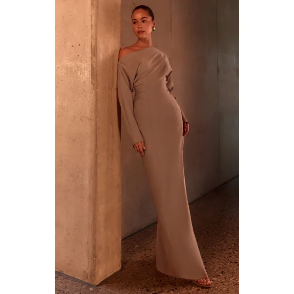 PLT Label Taupe Asymmetric Batwing Sleeved Cinched Waist Maxi Dress