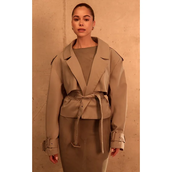 PLT Label Taupe Belt Detail Cropped Trench Coat