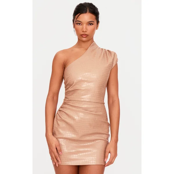 PLT Label Taupe Croc Faux Leather Asymmetric Bodycon Dress