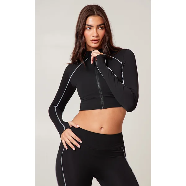 PLT RUN Black Sculpt Reflective Long Sleeve Gym Jacket
