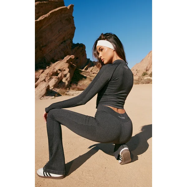 PLT SPORT Black Acid Wash Seamless Rib Panel Cross Front Flared Yoga Pants