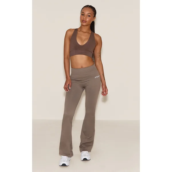 PLT SPORT Brown Seamless Ribbed Detail High Waist Yoga Flares