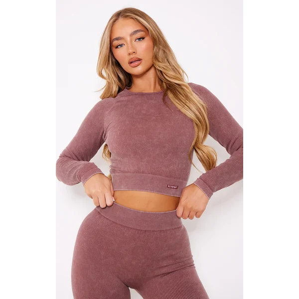 PLT SPORT Deep Brown Acid Wash Seamless Rib Long Sleeve Sports Top