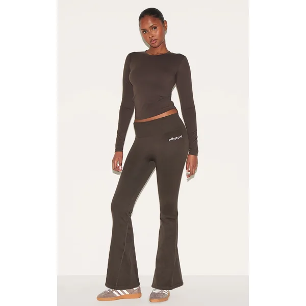 PLT SPORT Espresso Seamless Ribbed Detail High Waist Yoga Flares