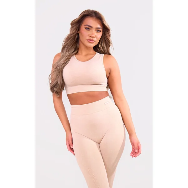 PLT SPORT Mocha Acid Wash Seamless Ribbed Sports Bra