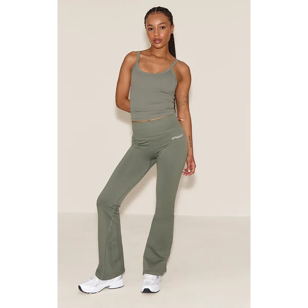PLT SPORT Olive Seamless Ribbed Detail High Waist Yoga Flares
