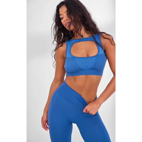 PLT SPORT Steel Blue Seamless Contrast Rib Cage Back Sports Bra