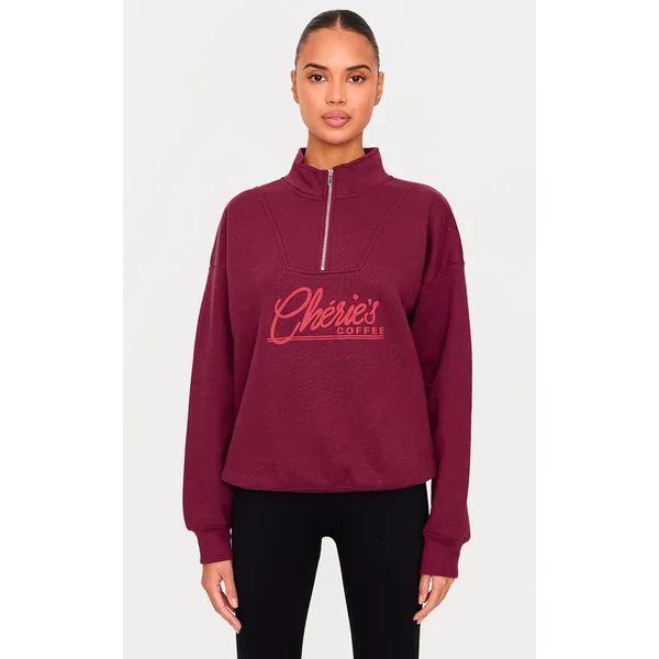 Plum Cheries Coffee Puff Print Half Zip Sweatshirt