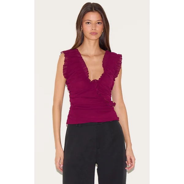 Plum Chiffon Ruffle Ruched Sleeveless Top