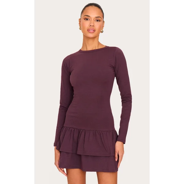 Plum Cotton Long Sleeve Tiered Shift Dress