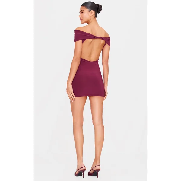 Plum Double Layer Soft Touch Bardot Twist Back Mini Dress