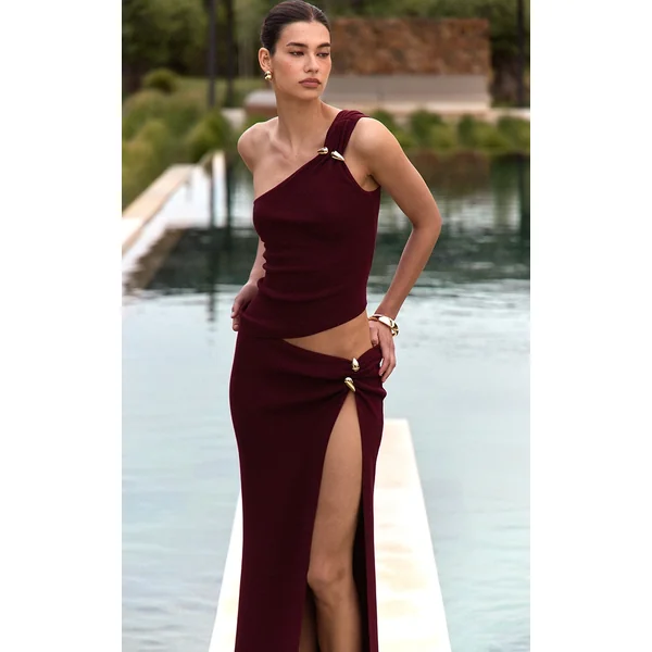 Plum Fine Knit Gold Trim One Shoulder Top