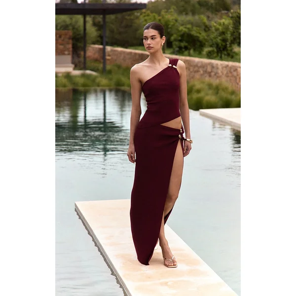 Plum Fine Knit Gold Trim Side Split Maxi Skirt