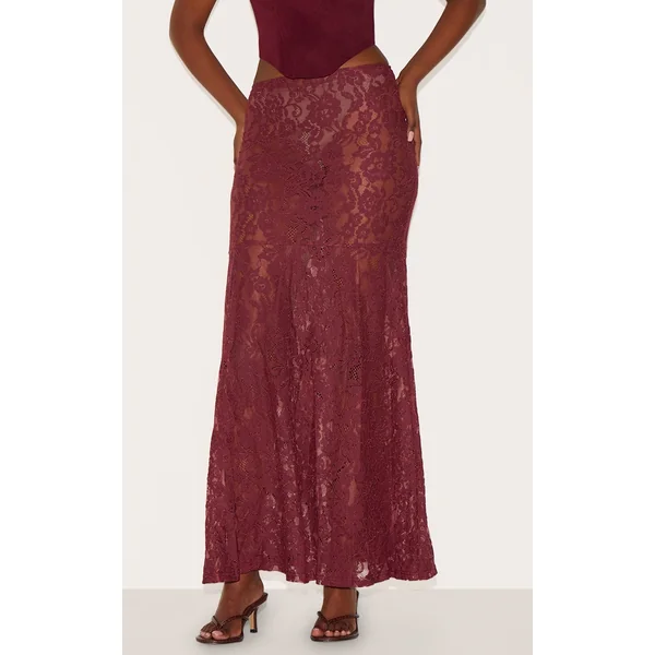 Plum Floral Lace Sheer Maxi Skirt