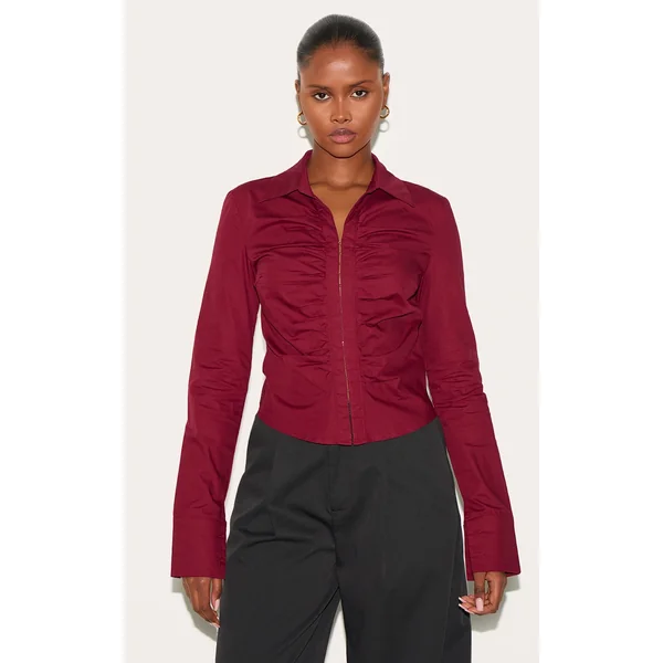 Plum Hook And Eye Ruched Fitted Shirt
