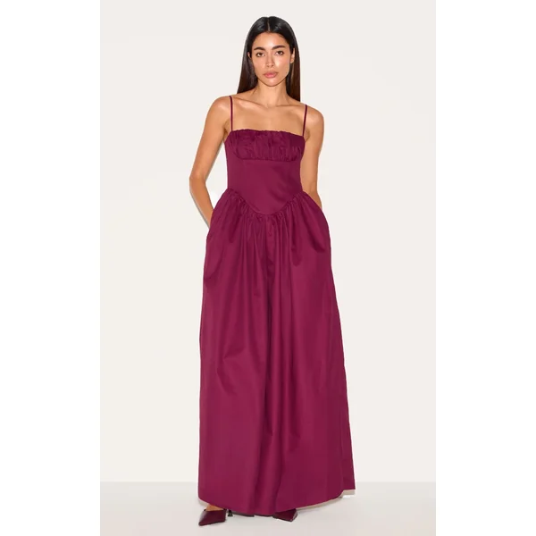 Plum Premium Ruched Corset Detail Wide Leg Jumpsuit