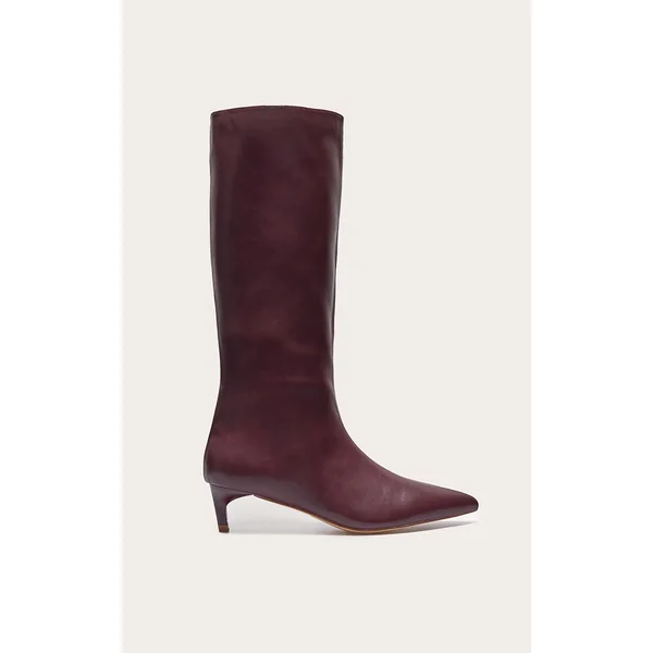 Plum PU Point Toe Low Stiletto Knee High Heeled Boots