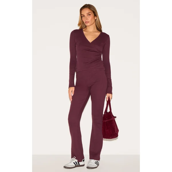 Plum Ribbed Elasticated Skinny Flare Pants