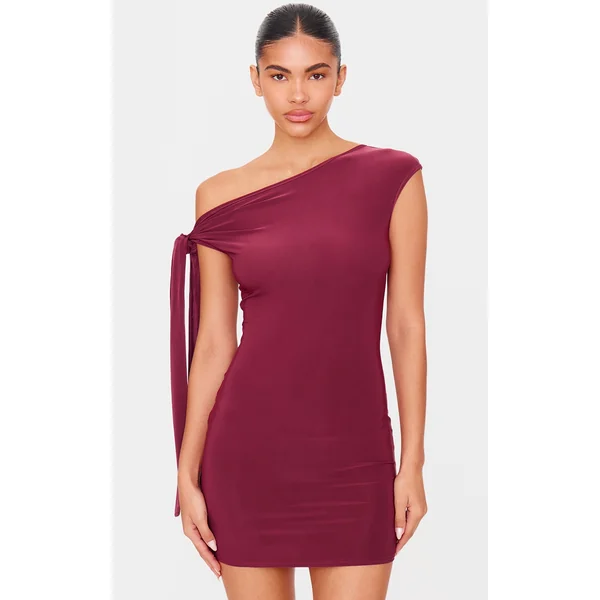 Plum Slinky Asymmetric Tie Shoulder Mini Dress