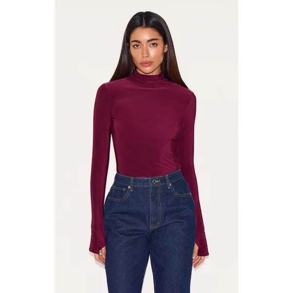 Plum Slinky High Neck Thumb Detail Long Sleeve Top