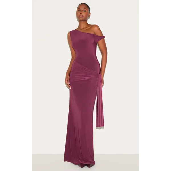 Plum Slinky Off Shoulder Wrap Detail Maxi Dress