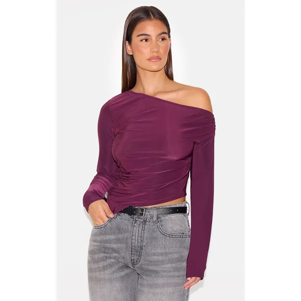 Plum Soft Touch Asymmetric Ruched Long Sleeve Top