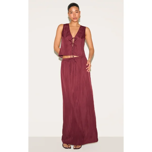 Plum Textured Tie Waist Detail Maxi Skirt