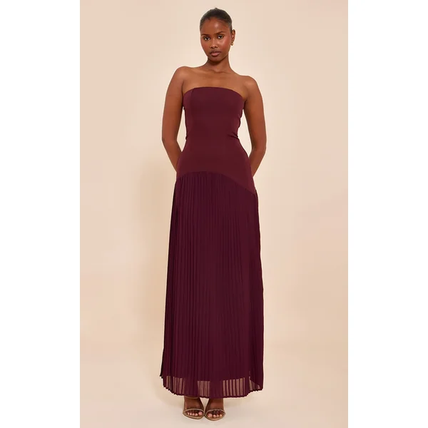 Plum Woven Bandeau Pleated Hem Detail Maxi Dress